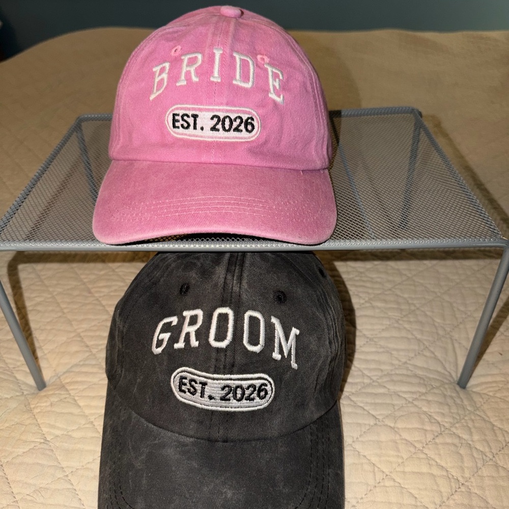 Bride & Groom 'EST. 2026' Embroidered Baseball Caps - Pink & Black